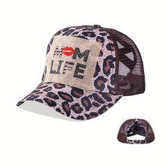 Mom Life Ponytail Baseball Cap Leopard Print Patch Trucker Hat Mesh