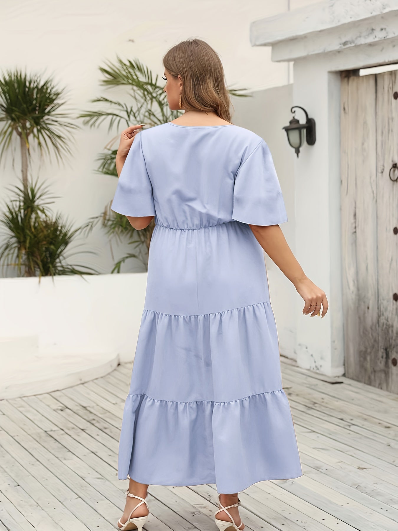  V Neck Flutter Sleeve Pom Pom Ruched Dress