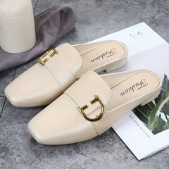 Square Toe Flat Mules with D Buckle Slip On Slide Shoes