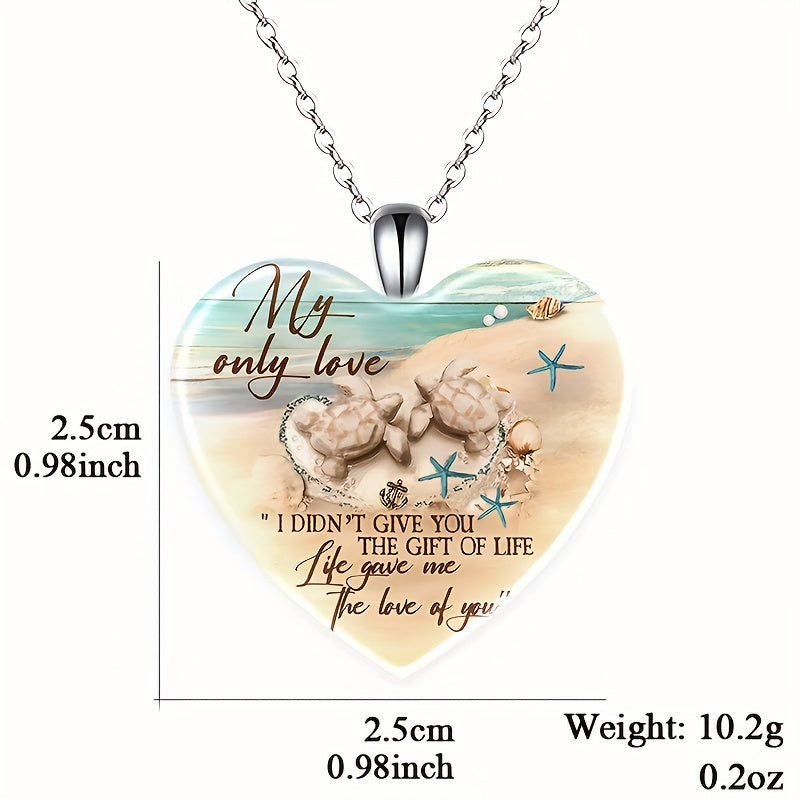 Ocean Pattern Love Heart Crystal Pendant Necklace For Women