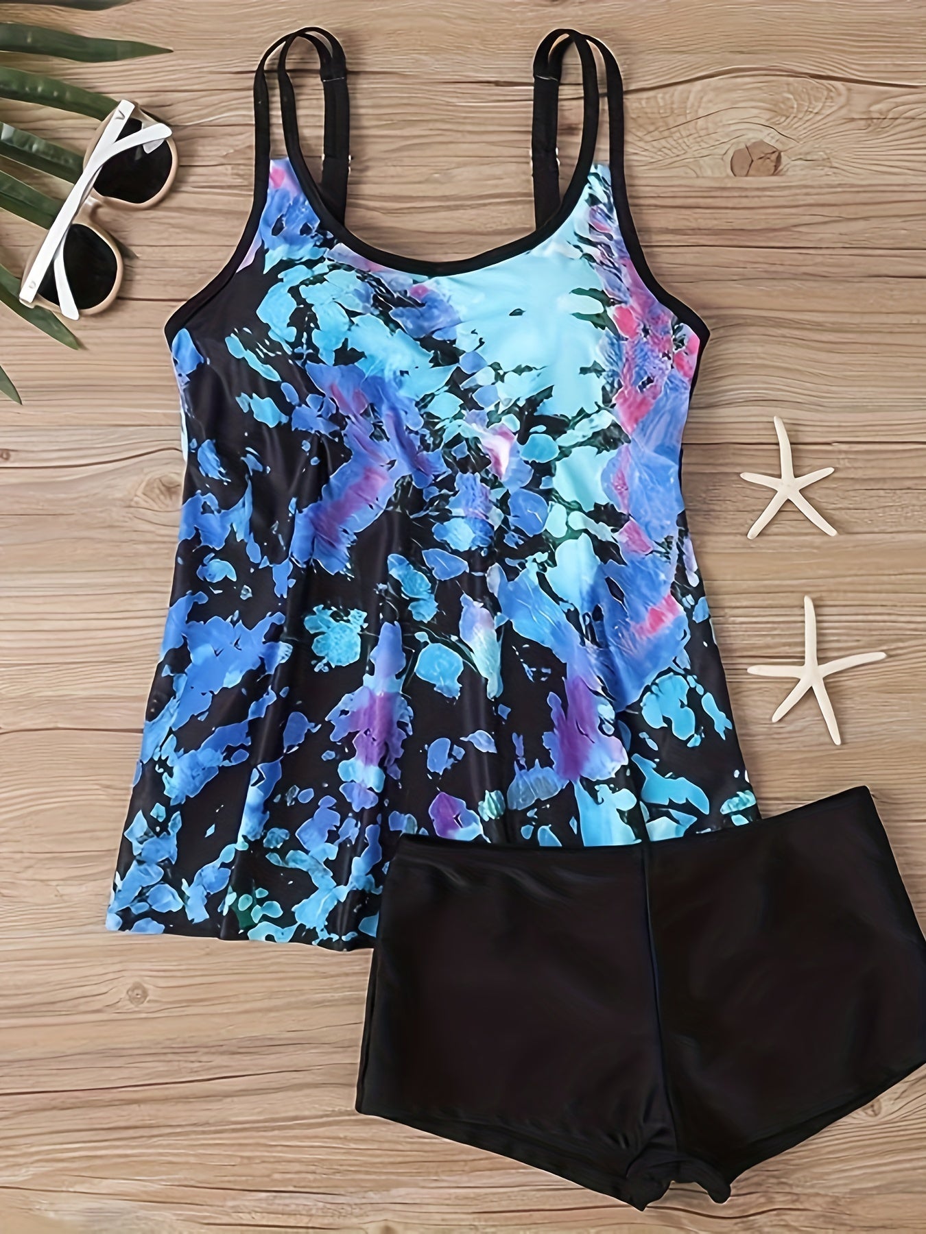  Modest Tankini Set Tie Dye Round Neck Cami Top & Shorts Swimsuit