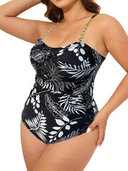  Tropical Print Chain Linked Ruched One Piece Swimsuit