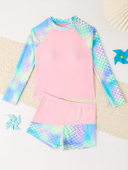 2pcs Girls Fish Scale Swimsuit Set Long Sleeve Top Shorts Summer Clothes