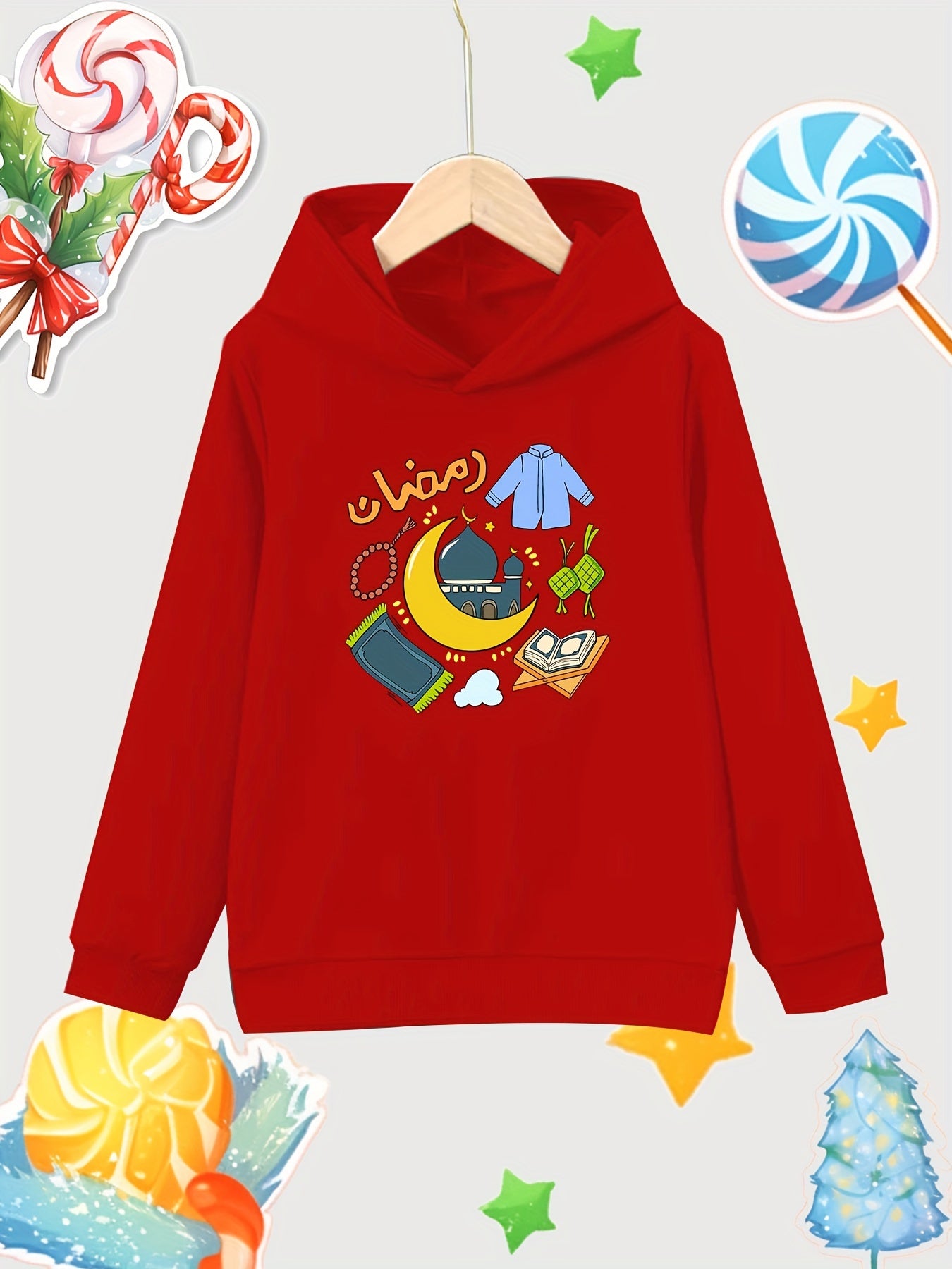 Moon & Items Pattern Girl's Cotton Hoodie Active Slightly Stretch