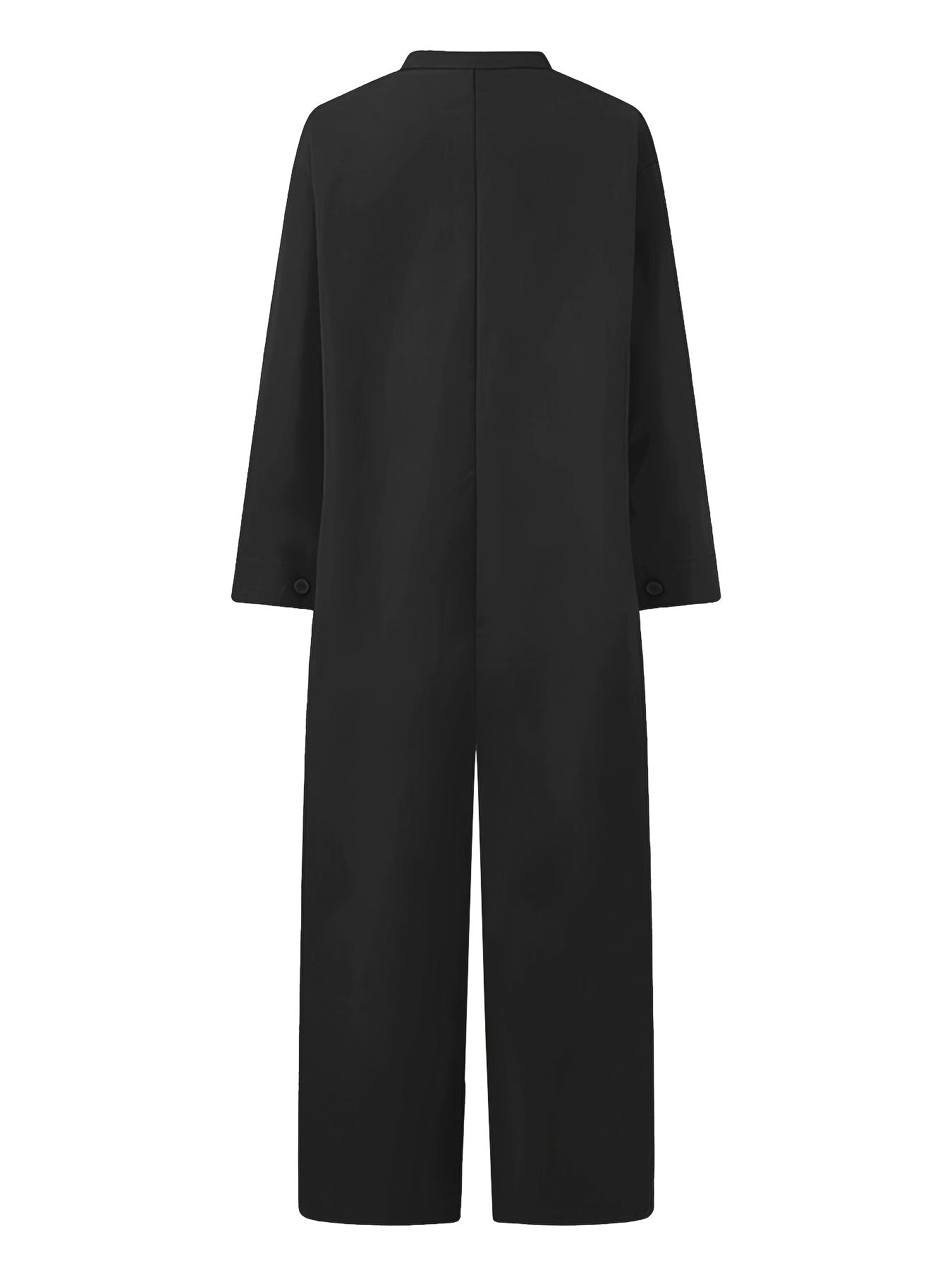 Solid Pockets Jumpsuit Casual Stand Collar Button Front Long Sleeve