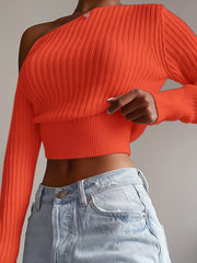 Ribbed Asymmetrical Neck Knit Crop Sweater