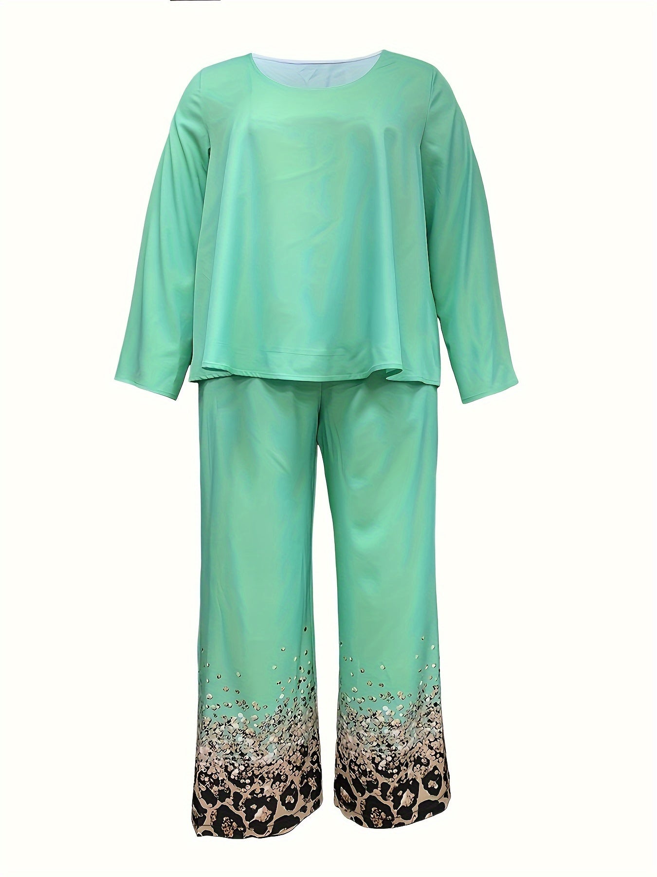  2 Piece Set Solid Top & Leopard Print Pants