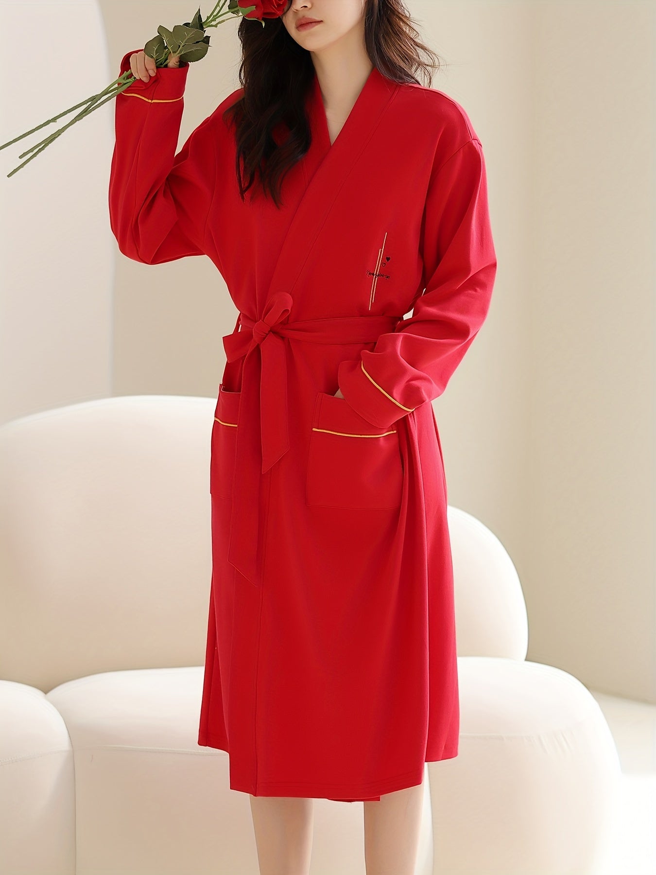 Women's Solid Lounge Robe V Neck Long Sleeve with Belt & Pockets
