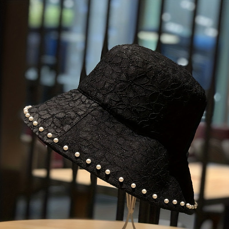 Faux Pearl Decor Bucket Hat Flower Embroidery Summer Sunshade Travel Beach Hats