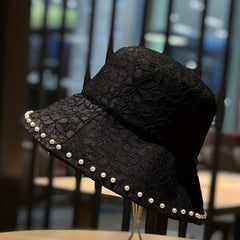Faux Pearl Decor Bucket Hat Flower Embroidery Summer Sunshade Travel Beach Hats