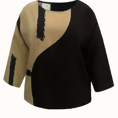  Colorblock Brush Print Half Sleeve Top