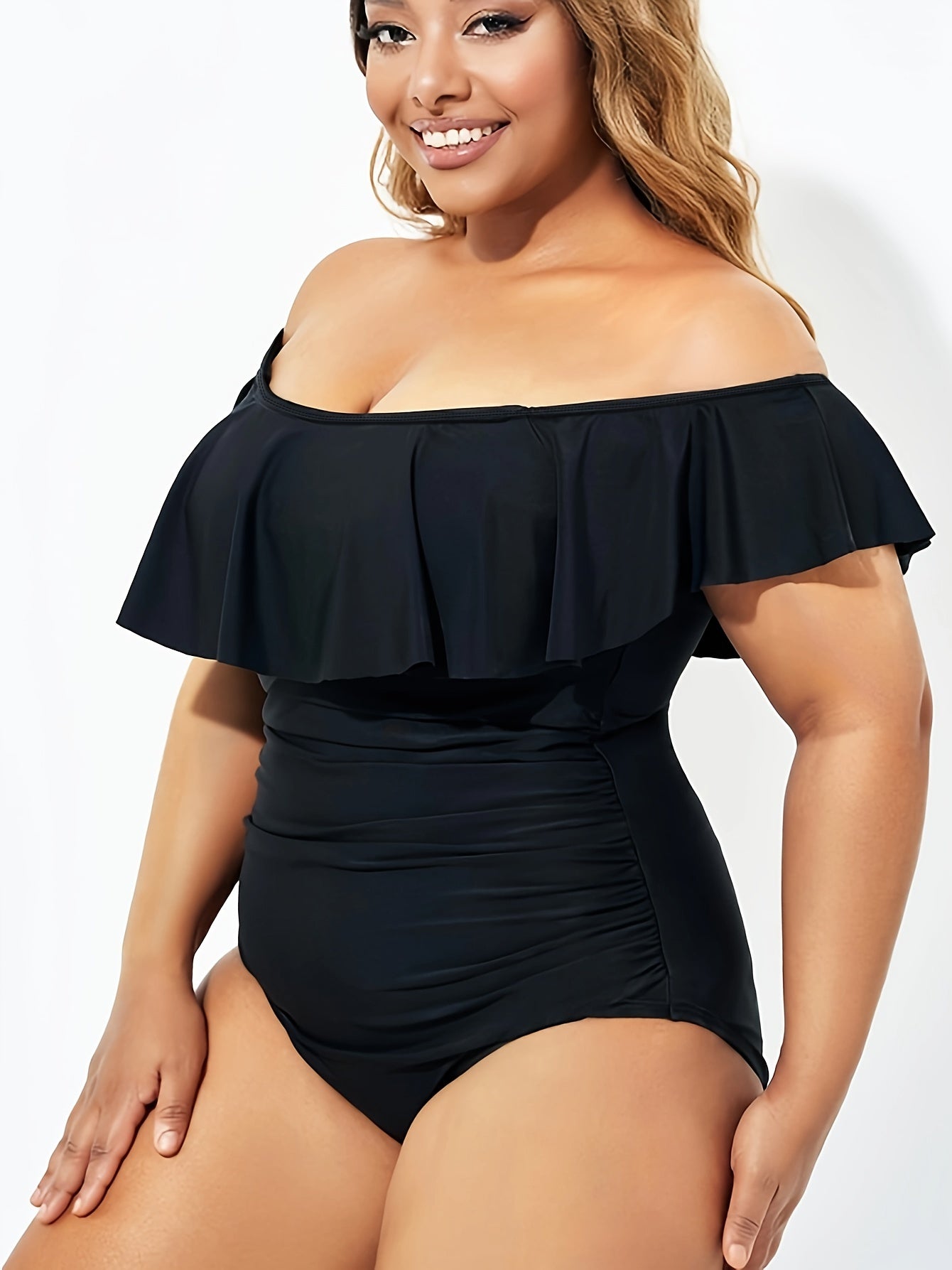  Solid Off Shoulder Lace Up Ruffle One Piece Swimsuit