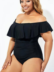  Solid Off Shoulder Lace Up Ruffle One Piece Swimsuit