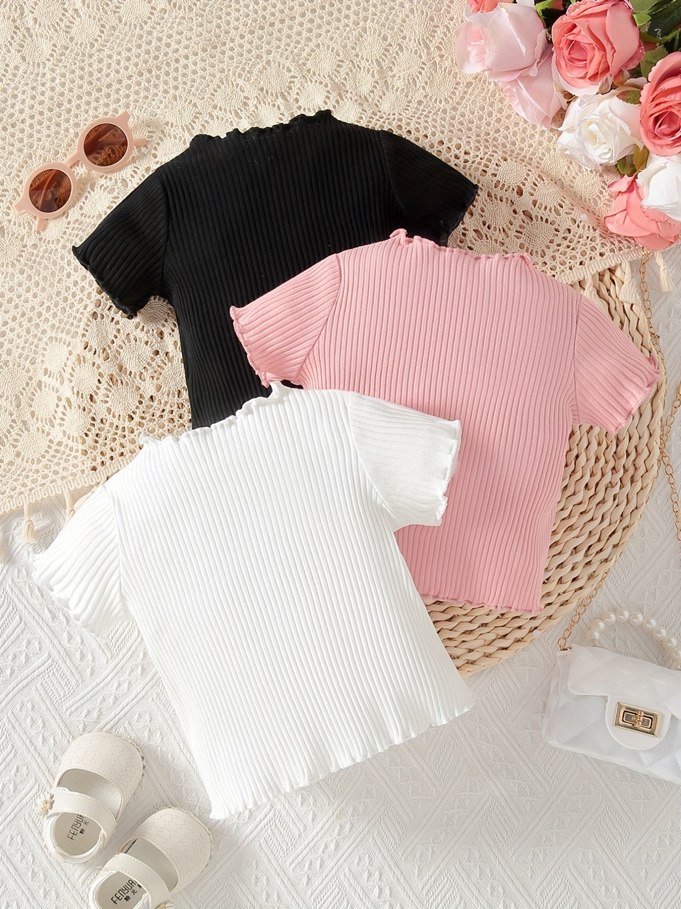 Baby Girls Cotton Ribbed Knit T shirt 3pc Set