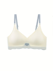 Heart Print Wireless Bra Comfy & Soft Scallop Trim Everyday Bra