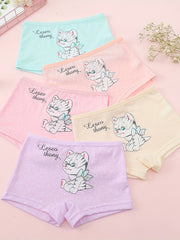 5pcs Girl's Cat Cartoon Underwears Medium Stretch Cotton Panties