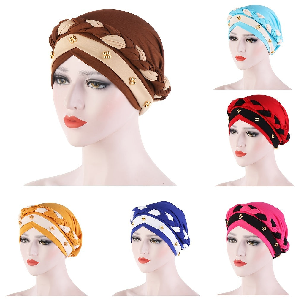 Two Tone Short Braid Turban Cap Beads Decor Hijab Turban