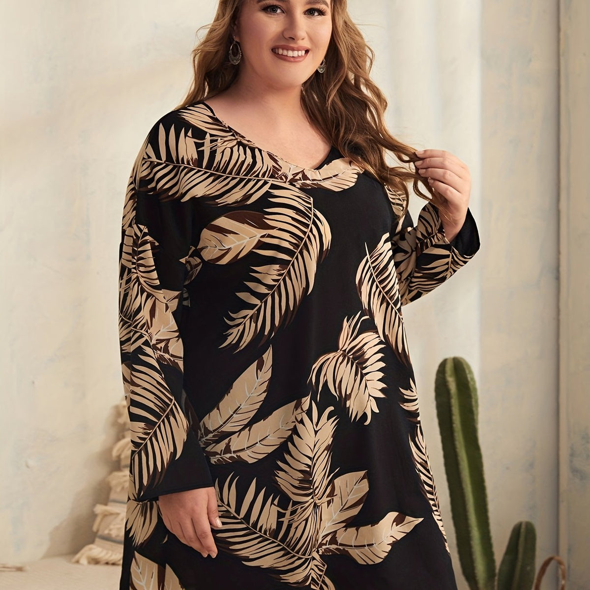  Tropical Print V-Neck Mini Dress Long Sleeve Loose Fit