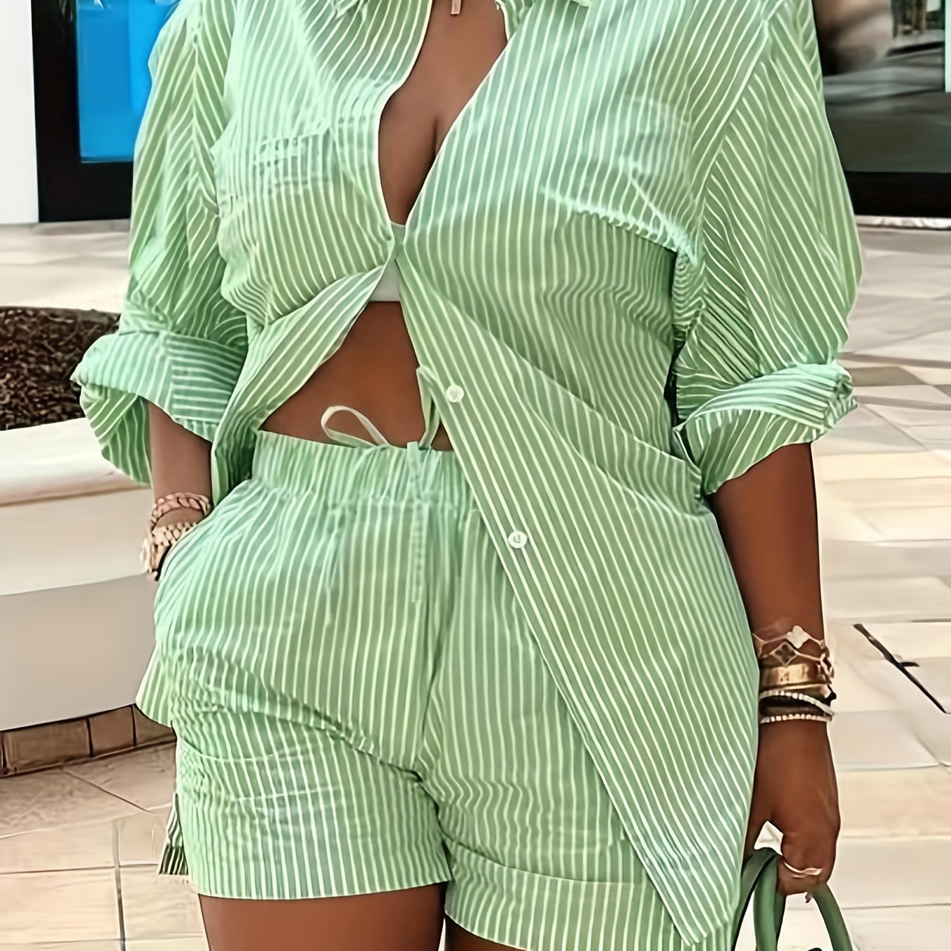  Stripe Long Sleeve Shirt & Shorts Set