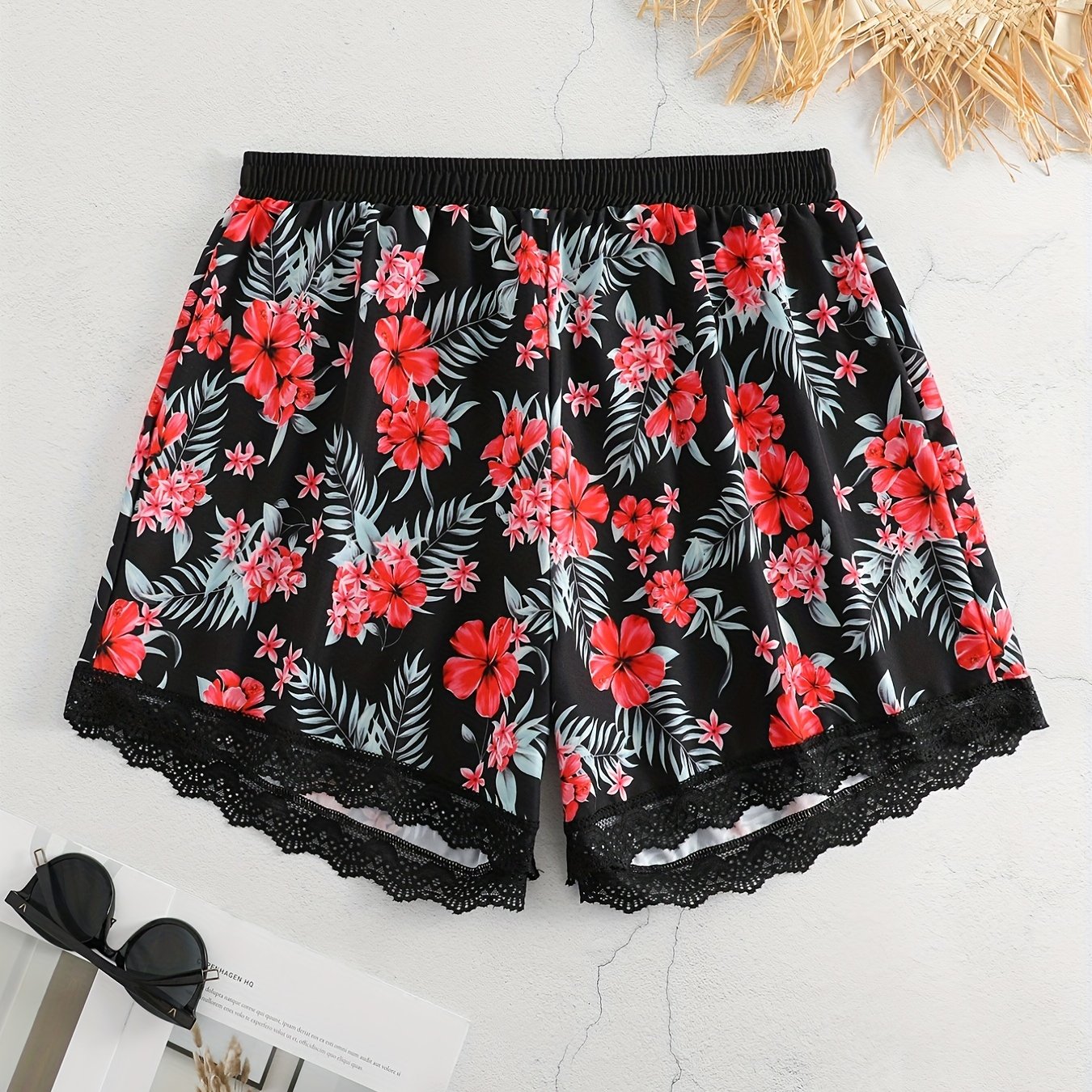  Rose Print Lace Elastic Stretch Shorts