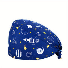 Cartoon Print Work Hat Adjustable Nurse Hat With Buttons Elastic Scrub Cap