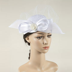 Women Satin Bowknot Head Piece With Duck Billed Clip Faux Pearl Hair Accessory