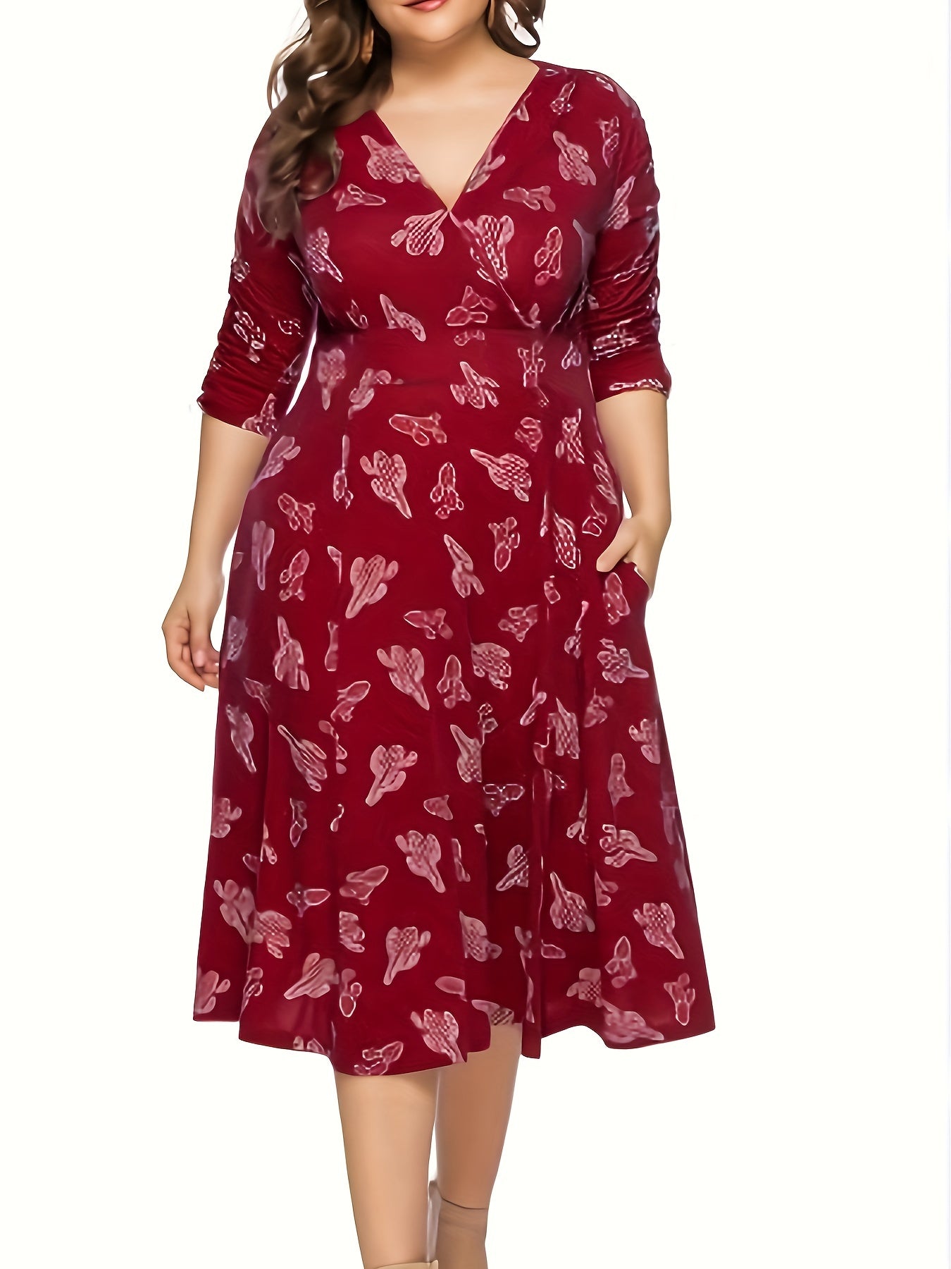  Cactus Print Surplice Neck Midi Dress With Pockets
