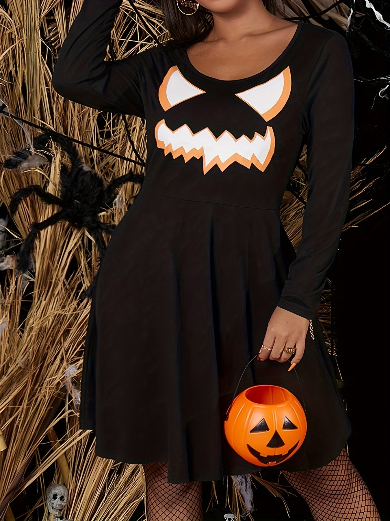 Plus Size Halloween Dress Women's Plus Funny Face Print Long Sleeve