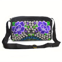 Embroidery Crossbody Bag with Three Zip Shoulder Design