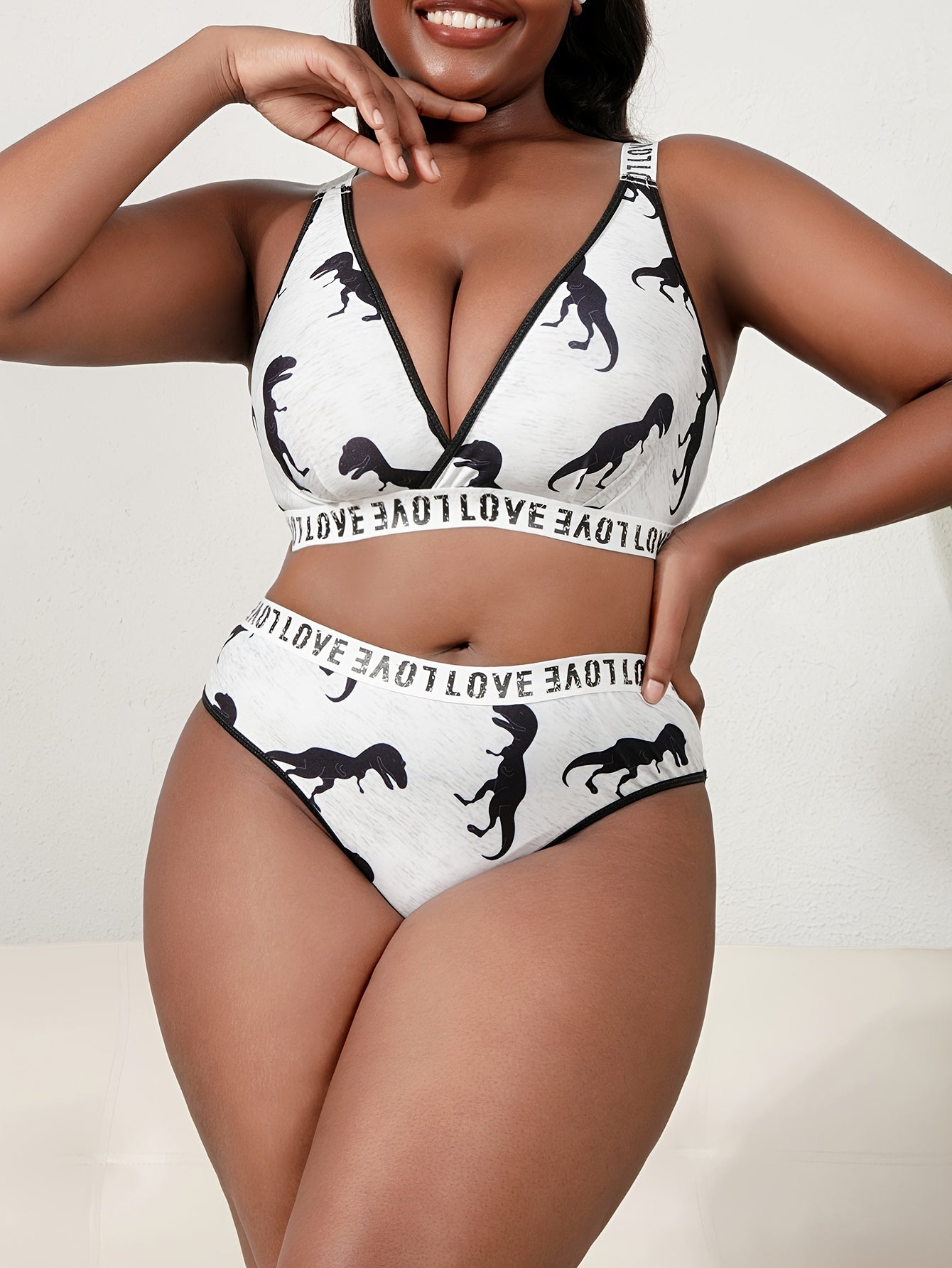 Dino Print Plunge Bra & Panty Set