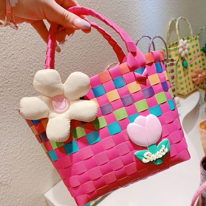 Colorful Plastic Braided Handbag with Flower Decor