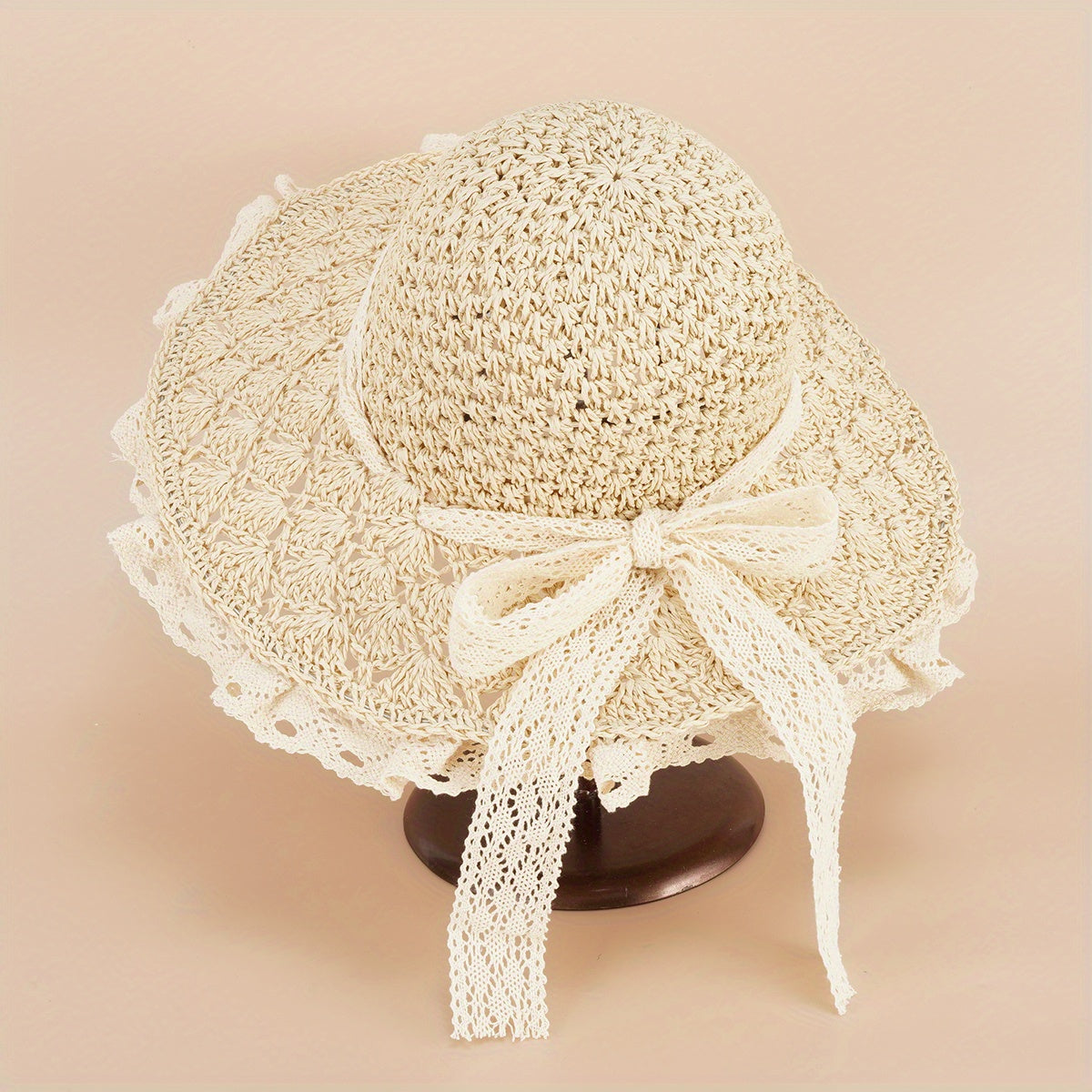 Foldable Straw Sun Hat Lace Edge Handwoven Hollow Butterfly Knot Beach Hat