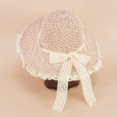 Foldable Straw Sun Hat Lace Edge Handwoven Hollow Butterfly Knot Beach Hat