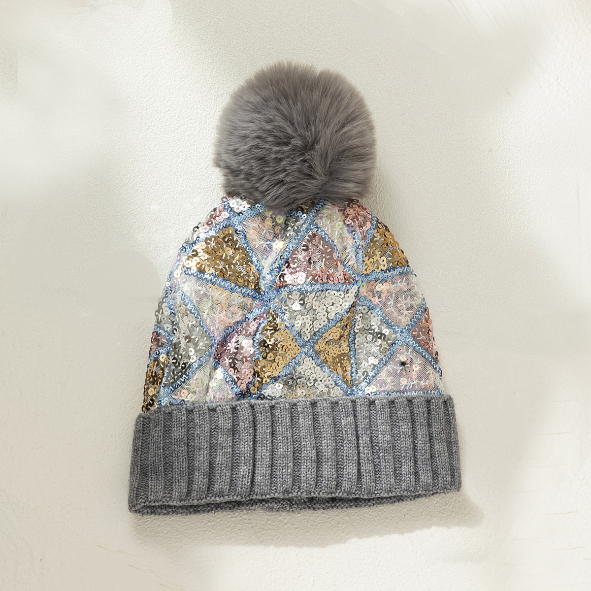 Sequin Pompom Beanie Warm Plush Knit Hat Soft & Comfortable Elastic Hats
