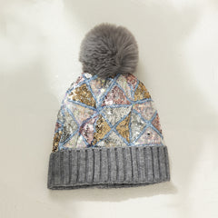 Sequin Pompom Beanie Warm Plush Knit Hat Soft & Comfortable Elastic Hats