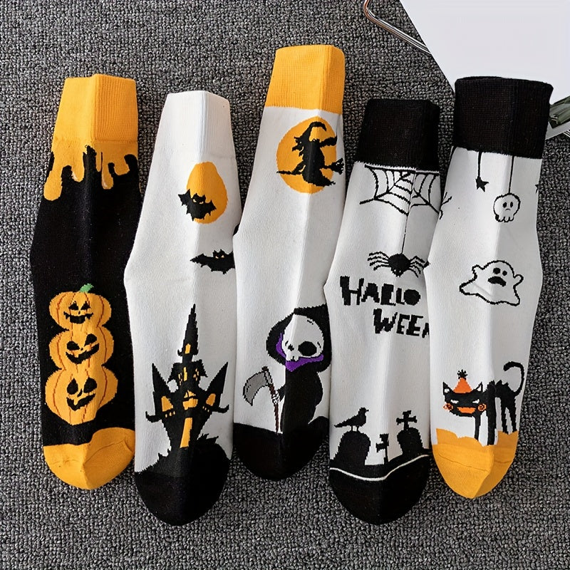 5 Pairs Halloween Crew Socks Skull & Pumpkin Print Stockings Women's Hosiery