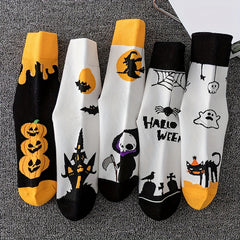 5 Pairs Halloween Crew Socks Skull & Pumpkin Print Stockings Women's Hosiery