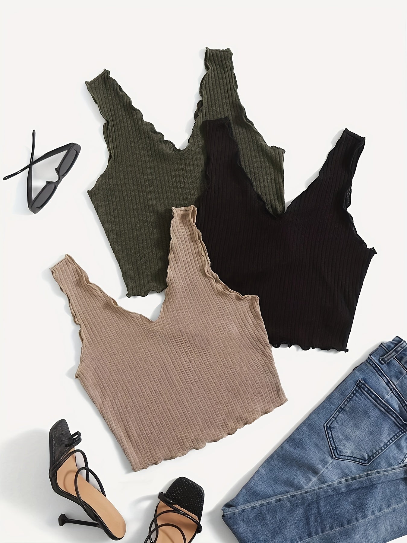 Ruffle Trim Tank Top Set Casual Summer Sleeveless Women's Clothing