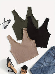 Ruffle Trim Tank Top Set Casual Summer Sleeveless Women's Clothing