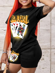  Poker & Letter Print Tee & Biker Shorts Set