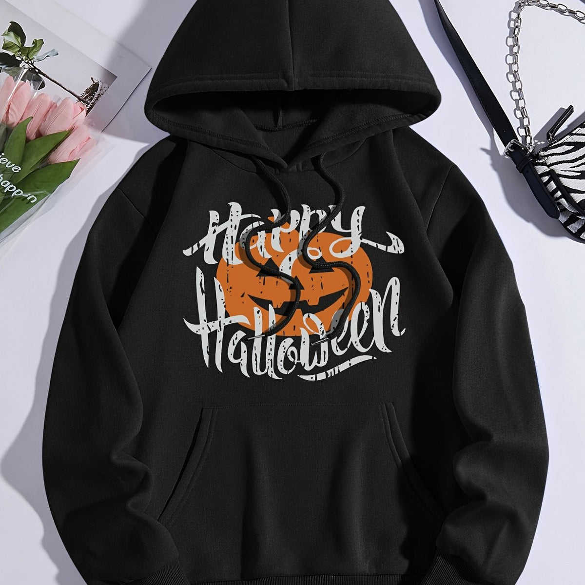 Halloween Pumpkin Print Sporty Hooded Sweatshirt Women's Warm Hoodie