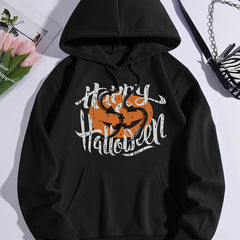 Halloween Pumpkin Print Sporty Hooded Sweatshirt Women's Warm Hoodie