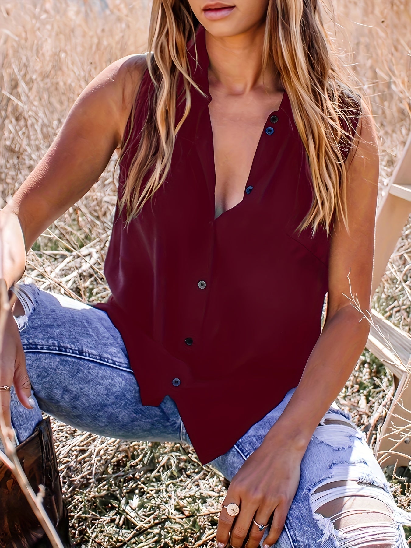  Women's Button Up Polo Neck Tank Top