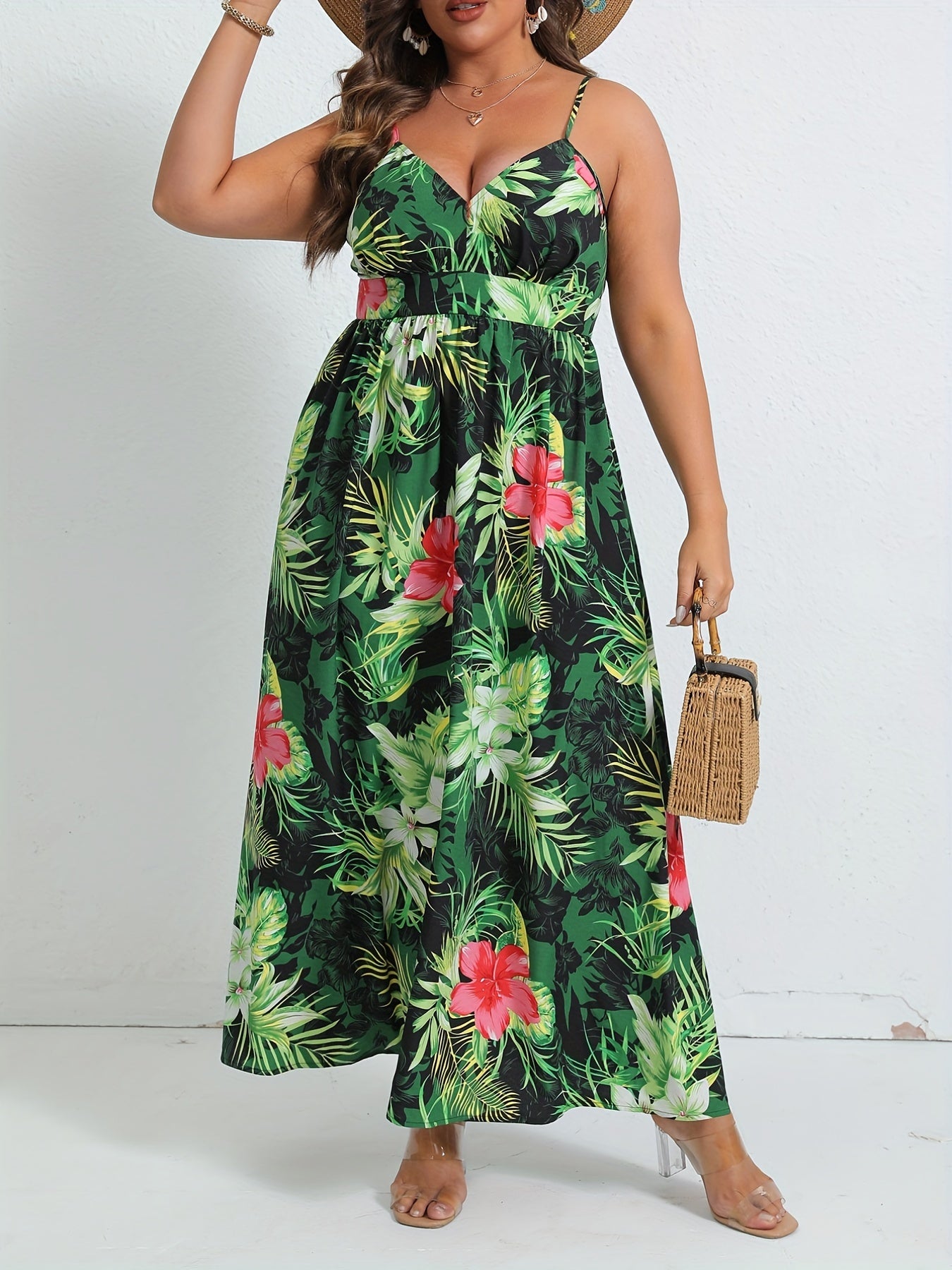  Boho Dress Women's Plus Tropical Print V Neck Nipped Waist Pleated Cam