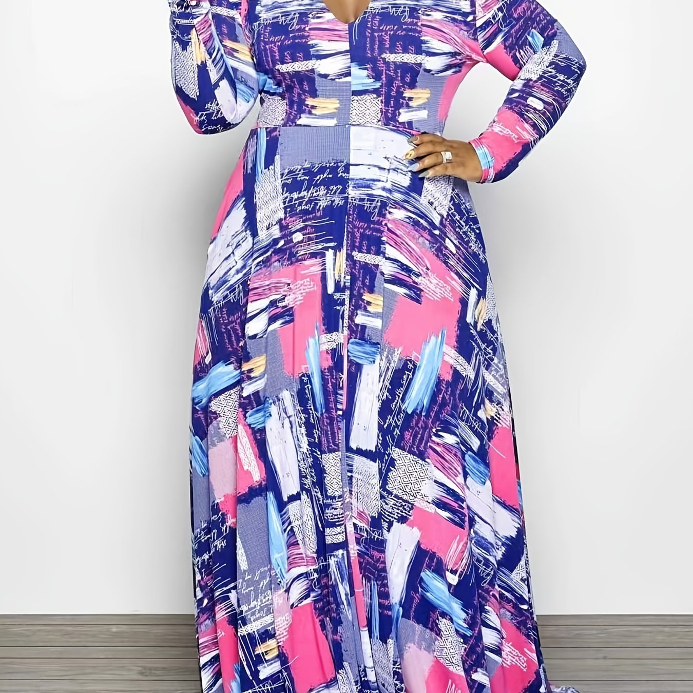  Colorblock V Neck Long Sleeve Maxi Dress Women's Plus