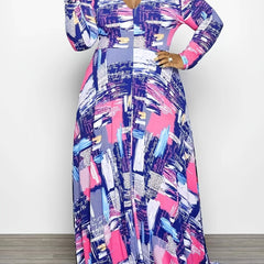  Colorblock V Neck Long Sleeve Maxi Dress Women's Plus