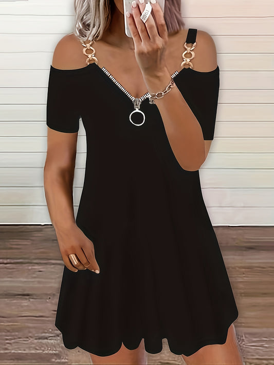  Solid Chain Cold Shoulder Short Sleeve Dress