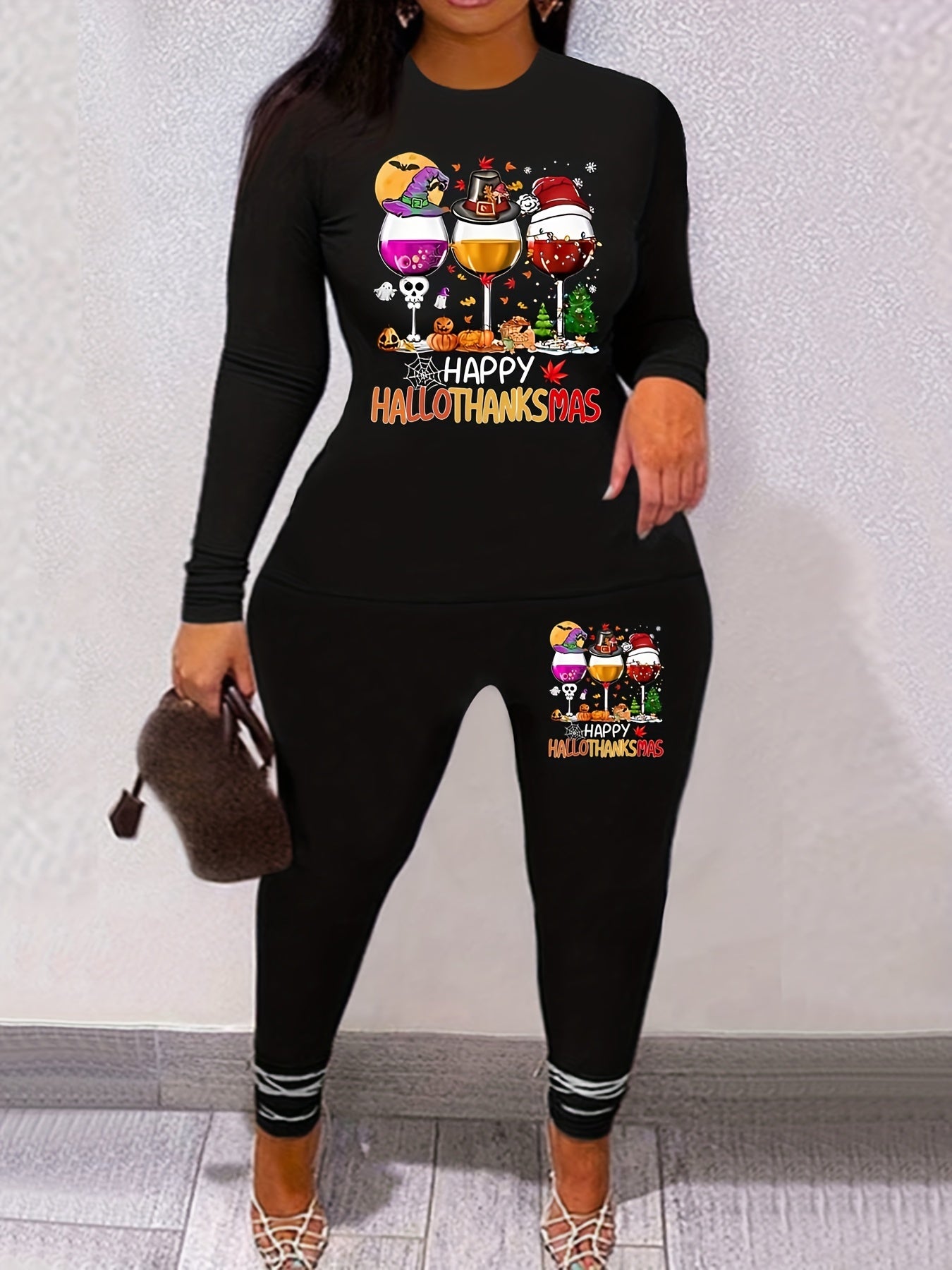  Funny Wine Glasses Print Top & Leggings Set