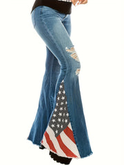 Plus Colorblock Flag Print Ripped High Stretch Flared Jeans