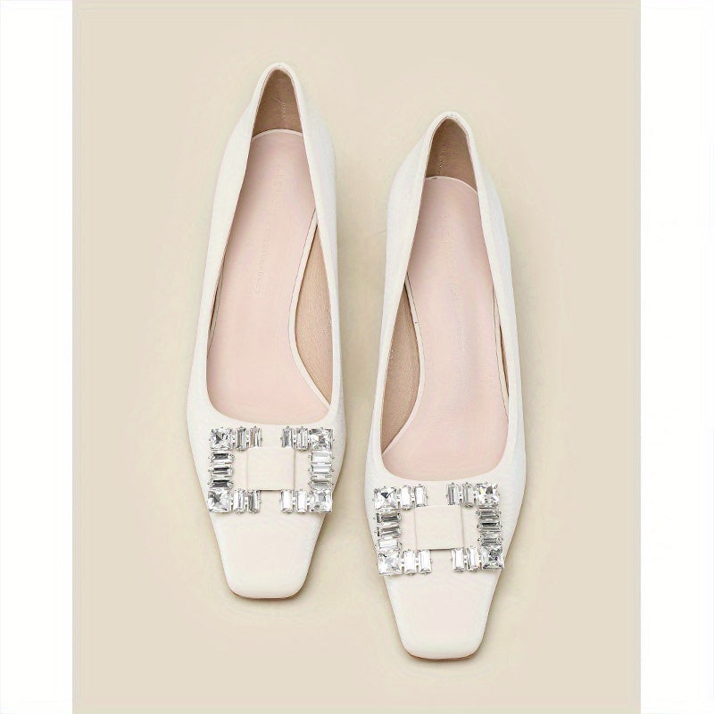 Women's Rhinestone Decor Chunky Heels Square Toe Slip On Shoes